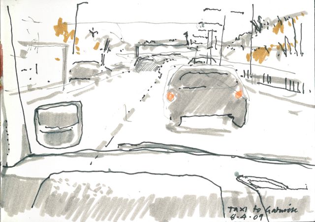 On the M25 – drawing in a taxi.