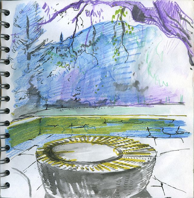 Basket seat on terrace - coloured pencil drawing