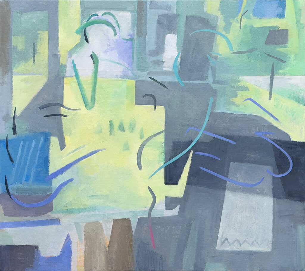 Abstracted painting - green grey and blue shapes