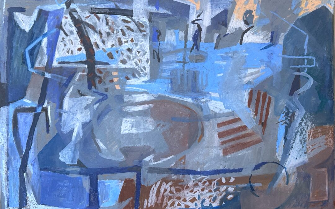 Abstracted drawing - blues, greys and rust coloured